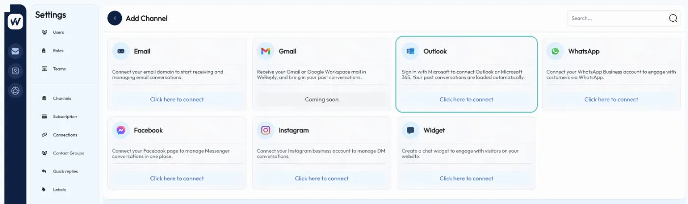 The Add Channel page with the Outlook card highlighted