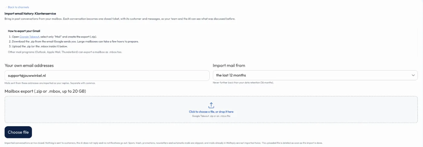 The page for importing email history from a mailbox export