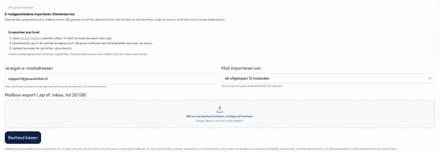 De pagina om e-mailgeschiedenis te importeren uit een mailbox-export