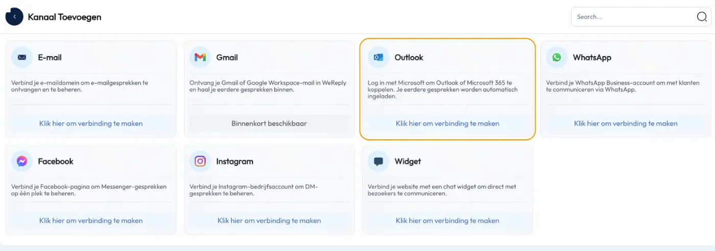 De pagina Kanaal toevoegen met de Outlook-kaart gemarkeerd