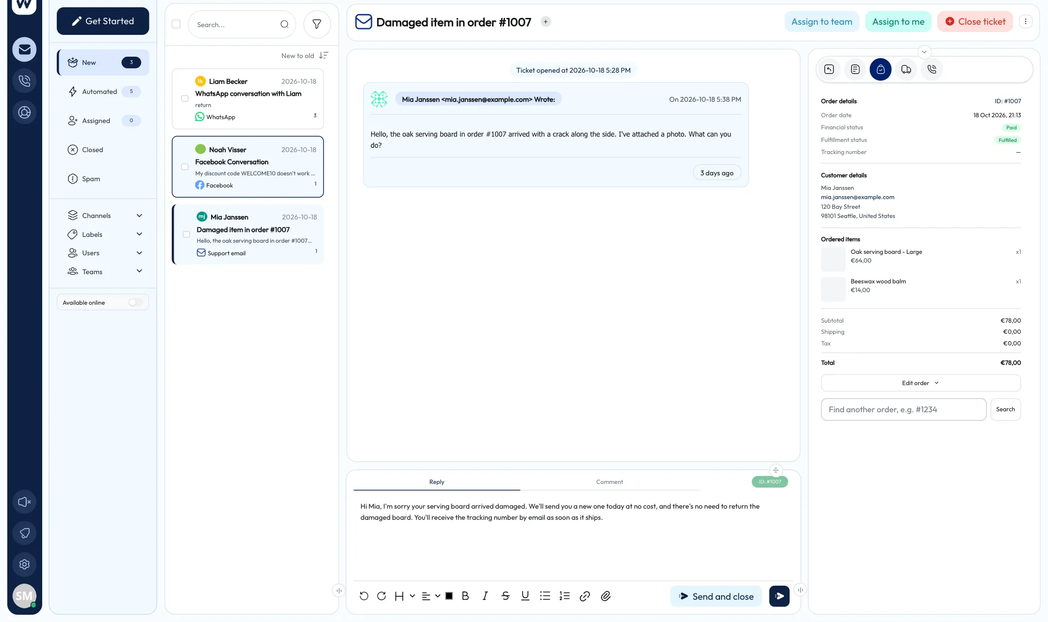 De vernieuwde inbox van WeReply met een klantgesprek en de Shopify-bestelling ernaast